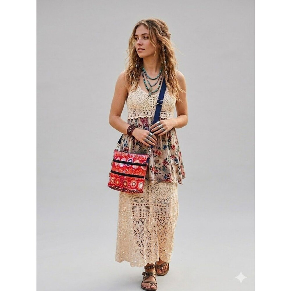 Boho Canvas Vibrant Geometric Print Crossbody Bag Red